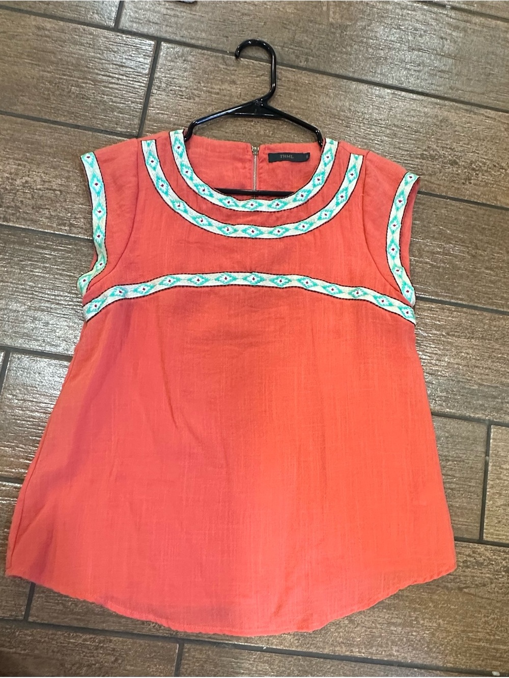 THML Coral Sleeveless Top with Turquoise Embroidered Trim